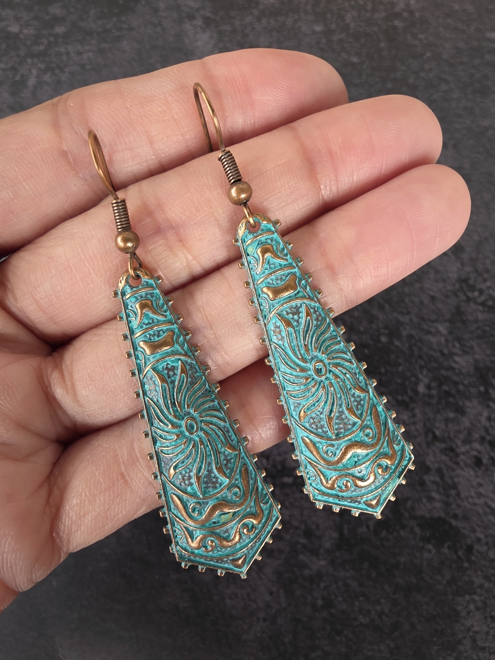Vintage Bronze Turquoise Dangle Boho Earrings Statement Jewelry Spear
